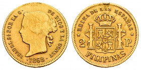 Elizabeth II (1833-1868). 2 pesos. 1868. Manila. (Cal-850). Au. 2,99 g. Repaired welding on edge at 12 o´clock. Almost VF. Est...150,00. 


 SPANIS...