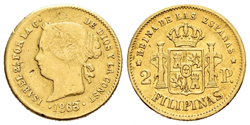 Elizabeth II (1833-1868). 2 pesos. 1868. Manila. (Cal-850). Au. 3,29 g. Minor ni...
