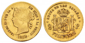 Elizabeth II (1833-1868). 2 pesos. 1868. Manila. (Cal-850). Au. 3,44 g. Choice VF. Est...220,00. 


 SPANISH DESCRIPTION: Isabel II (1833-1868). 2 ...