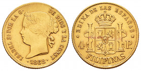 Elizabeth II (1833-1868). 4 pesos. 1868/58. Manila. (Cal-864). Au. 6,66 g. Welding repaired on reverse. Overdate. VF. Est...280,00. 


 SPANISH DES...
