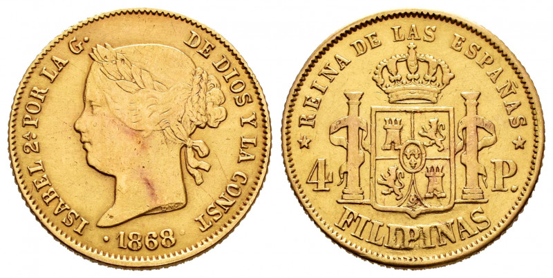 Elizabeth II (1833-1868). 4 pesos. 1868/58. Manila. (Cal-864). Au. 6,62 g. Overd...