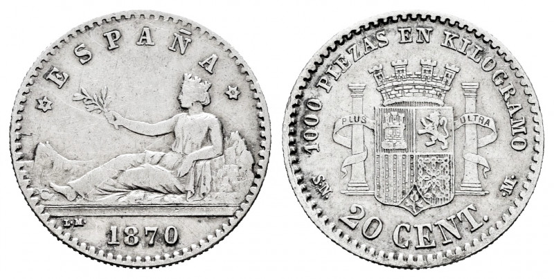 Provisional Government (1868-1871). 20 cents. 1870*7-0. Madrid. SNM. (Cal-12). A...