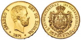 Copy of the 25 pesetas of 1871 of Amadeo I. Au. Mintage of 200 examples. 8,39 g. Mint State. Est...600,00. 


 SPANISH DESCRIPTION: Reproducción de...