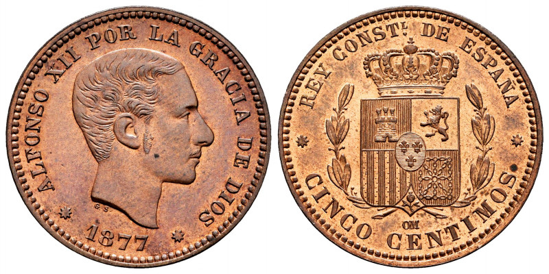 Alfonso XII (1874-1885). 5 céntimos. 1877. Barcelona. OM. (Cal-4). Ae. 5,17 g. O...