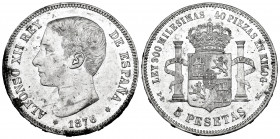 Alfonso XII (1874-1885). 5 pesetas. 1876*18-76. Madrid. DEM. (Cal-37). Ag. 25,03 g. Scratches. Original luster. XF. Est...140,00. 


 SPANISH DESCR...