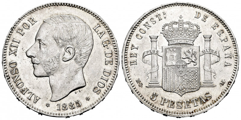 Alfonso XII (1874-1885). 5 pesetas. 1885*18-87. Madrid. MSM. (Cal-62). Ag. 24,87...