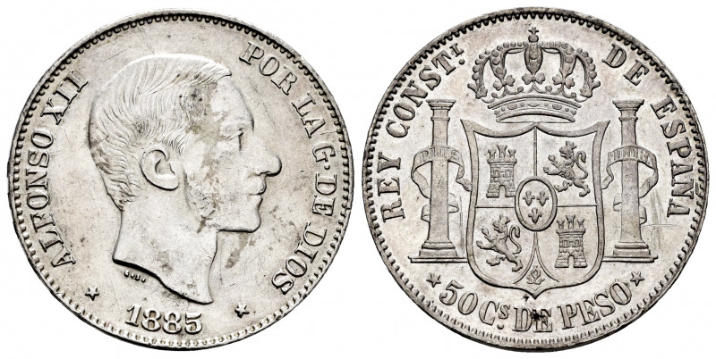 Alfonso XII (1874-1885). 50 centavos. 1885. Manila. (Cal-124). Ag. Minor scratch...