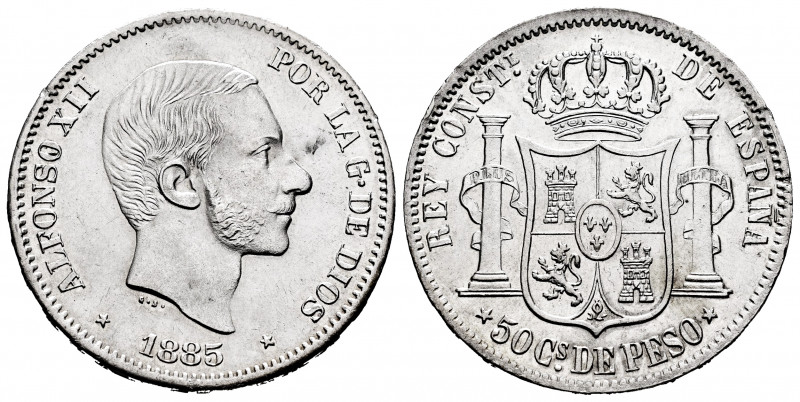 Alfonso XII (1874-1885). 50 centavos. 1885. Manila. (Cal-124). Ag. 12,93 g. Mino...