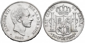 Alfonso XII (1874-1885). 50 centavos. 1885. Manila. (Cal-124). Ag. 12,93 g. Minor nicks on edge. Original luster on reverse. XF/AU. Est...75,00. 

...