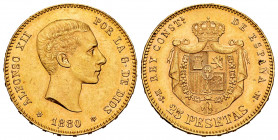 Alfonso XII (1874-1885). 25 pesetas. 1880*18-80. Madrid. MSM. (Cal-79). Au. 8,10 g. Original luster. Almost MS. Est...360,00. 


 SPANISH DESCRIPTI...