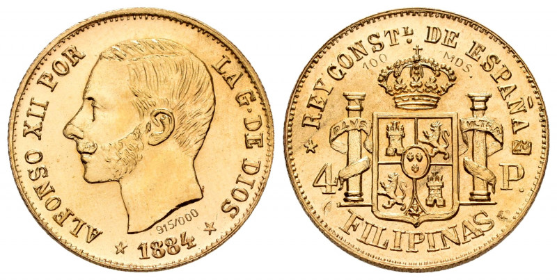 Copy of the 4 pesos of Alfonso XII of 1884 from Manila. Au. Mintage of 100 examp...