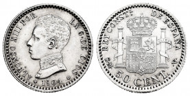 Alfonso XIII (1886-1931). 50 centimos. 1904*0-4. Madrid. SMV. (Cal-46). Ag. 2,48 g. Original luster. AU/Almost MS. Est...20,00. 


 SPANISH DESCRIP...