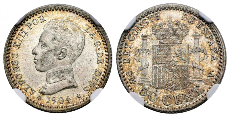 Alfonso XIII (1886-1931). 50 centimos. 1904*0-4. Madrid. SMV. (Cal-46). Ag. Slab...