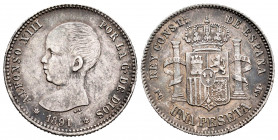 Alfonso XIII (1886-1931). 1 peseta. 1891*18-91. Madrid. (Cal-53). Ag. 4,98 g. Minor nicks on edge. Patina. Almost XF. Est...80,00. 


 SPANISH DESC...