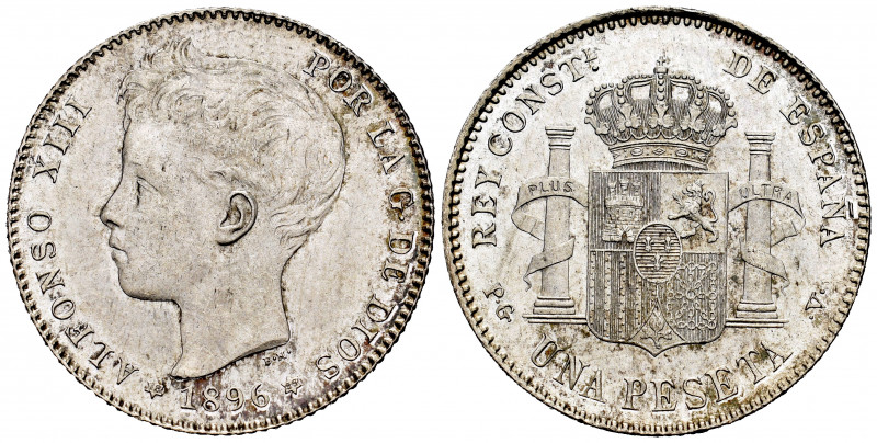 Alfonso XIII (1886-1931). 1 peseta. 1896*18-96. Madrid. PGV. (Cal-56). Ag. 4,98 ...