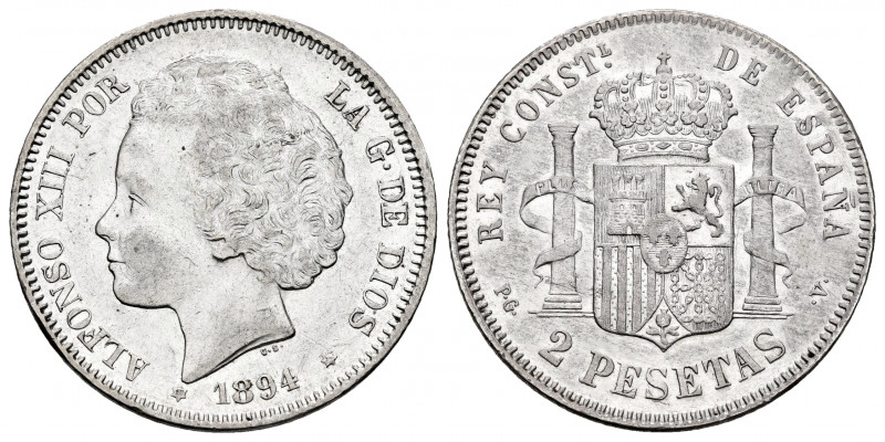 Alfonso XIII (1886-1931). 2 pesetas. 1894*18-_ _. Madrid. PGV. (Cal-86). Ag. 9,9...