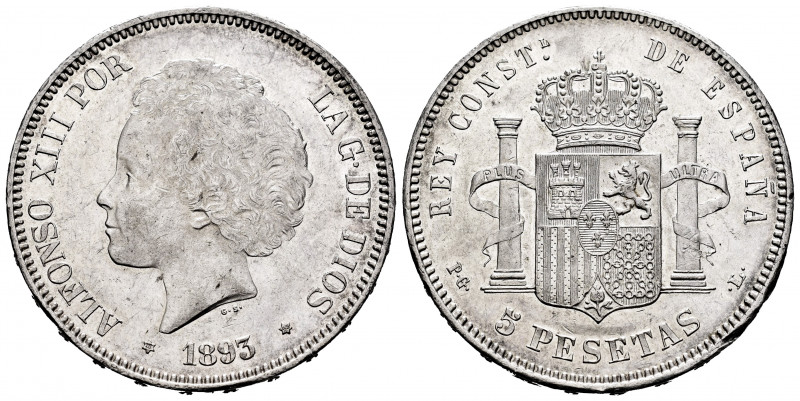Alfonso XIII (1886-1931). 5 pesetas. 1893-18-93. Madrid. PGL. (Cal-102). Ag. 24,...