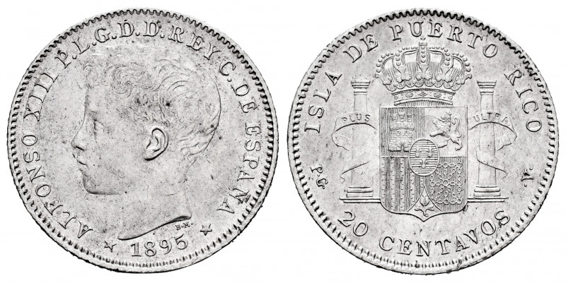 Alfonso XIII (1886-1931). 20 centavos. 1895. Manila. PGV. (Cal-126). Ag. 5,06 g....