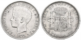Alfonso XIII (1886-1931). 1 peso. 1895. Puerto Rico. PGV. (Cal-128). Ag. 25,04 g. Rare. VF. Est...450,00. 


 SPANISH DESCRIPTION: Alfonso XIII (18...