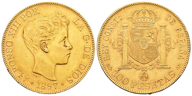 Alfonso XIII (1886-1931). 100 pesetas. 1897*18-97. Madrid. SGV. (Cal-119). Au. 3...