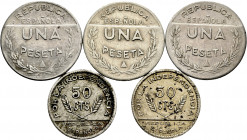 Civil War (1936-1939). Lot of 5 coins from the Spanish Civil War. Santander, Palencia and Burgos City Council 50 Cts (2) and 1 Peseta (3). Cu-Ni. EXAM...