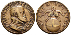 Philip II (1556-1598). Brass medal. (1588). (Patrimonio-4). Ae. 16,08 g. Commemorative to the Battle of Lepanto. SIC ERA IN FATIS. Engraver: Jac · Tri...