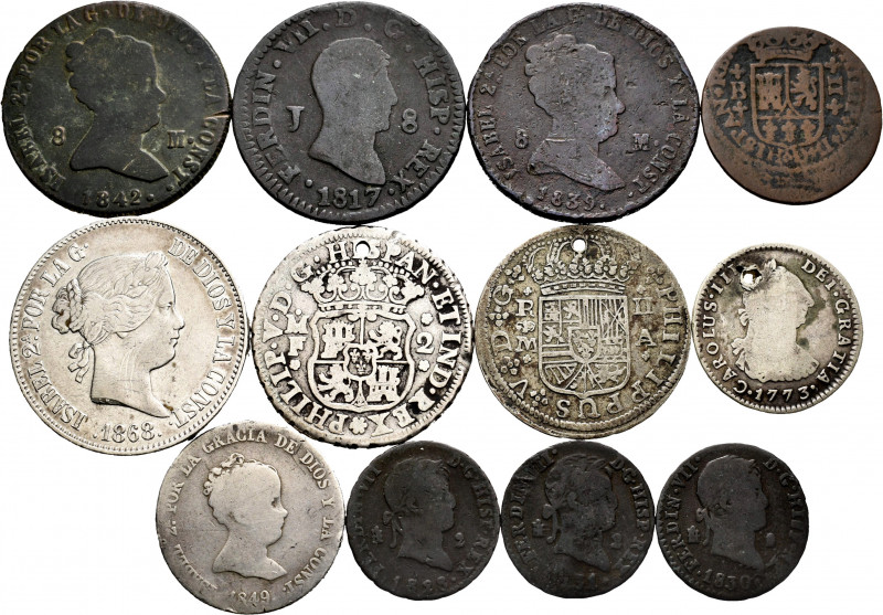 Lot of 12 Bourbons coins, 5 of them silver and some with holes. TO EXAMINE. F/Ch...