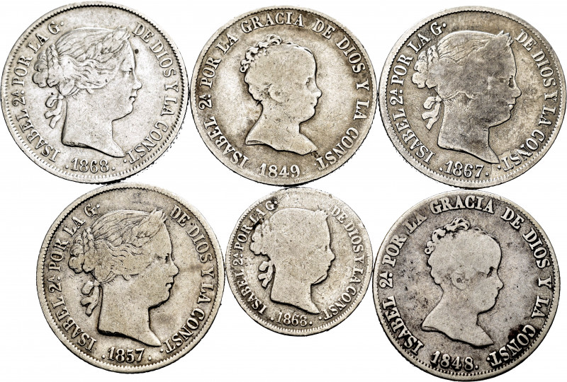 Lot of 6 silver coins of Isabel II; 4 reales Madrid 1848, 1849, 1857, 40 cents M...