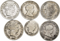 Lot of 6 silver coins of Isabel II; 4 reales Madrid 1848, 1849, 1857, 40 cents Madrid 1868, 10 cents 1868 and 20 cents 1867. TO EXAMINE. Almost F/Choi...