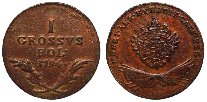 Galicja i Lodomeria, 1 grosz 1794 Obiegowy egzemplarz. Patyna, nalot. 
Grade: V...