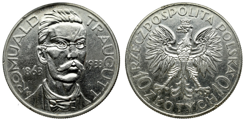 II Rzeczpospolita, 10 złotych 1933 Traugutt Moneta dawniej podpolerowana. 
Grad...