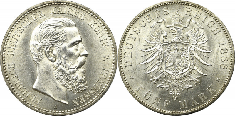 Germany, Preussen, 5 mark 1888 Doskonały egzemplarz z mocnym wirującym połyskiem...