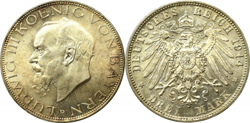 Germany, Bavaria, 3 mark 1914 Bardzo atrakcyjny, wyselekconowany przykład 3 mare...
