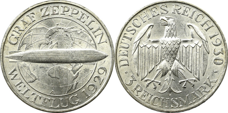 Germany, Weimar Republic, 3 mark A, Berlin, Graf Zeppelin Doskonały egzemplarz z...