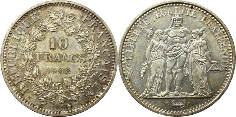 Francja, 10 franków 1968 Świetnie zachowana, srebrna moneta. Patyna. 
Grade: AU...