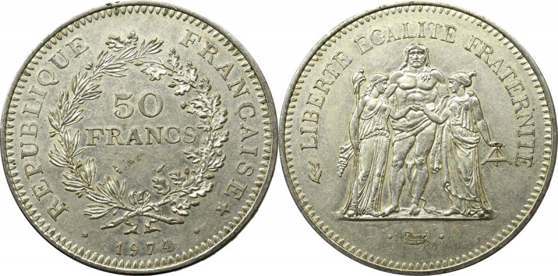 Francja, 50 Franków 1974 Okazała srebrna moneta w pięknym stanie zachowania. Del...