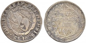 SCHWEIZ. BERN. 10 Kreuzer 1679, Bern. Variante mit damaszierten Wappenfeldern. 2.34 g. Lohner 494. D.T. 1147. HMZ 2-196i. Sehr selten / Very rare. Fas...