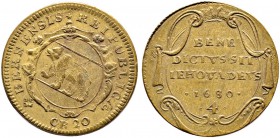 SCHWEIZ. BERN. Bronzejeton 1680, Bern. Av. Ovales Wappen in verzierter Kartusche, unten CR 20. Rv. In reich verzierter Kartusche BENE / DICTVS ° SIT /...