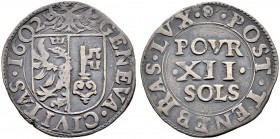 SCHWEIZ. GENF / GENÈVE. 12 Sols (Gulden) 1602, Genf. Mzz. . x . für Jean Gringalet verprägt. 3.90 g. Dem. 413. D.T. 1663a. HMZ 2-318a. Kl. Randfehler ...