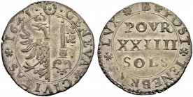 SCHWEIZ. GENF / GENÈVE. 24 Sols (2 Gulden) 1645, Genf. Mzz. B. 6.99 g. Dem. 426. D.T. 1662b. HMZ 2-317e. Gutes sehr schön / Good very fine.