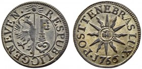 SCHWEIZ. GENF / GENÈVE. 2 Quarts (1/2 Sol oder 6 Deniers) 1756 (1765), Genf. 0.80 g. Demole 115. D.T. 1026b. HMZ 2-351n. Sehr selten / Very rare. Vorz...
