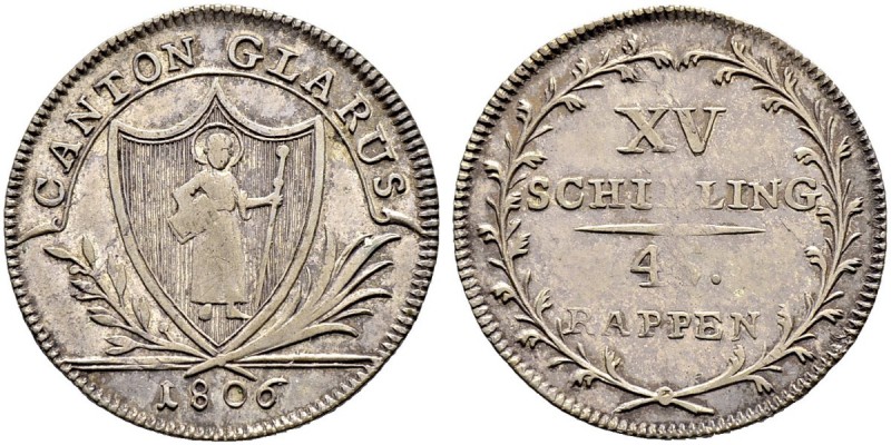 SCHWEIZ. GLARUS. 15 Schillinge 1806, Glarus. Schräg gerippter Rand. 3.90 g. Von ...