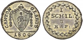 SCHWEIZ. GLARUS. Schilling 1809, Glarus. Variante mit Girlanden über Wappen. 1.05 g. Von Arx 16 (dieses Expl.). D.T. 100aa. HMZ 2-374e. Selten in dies...