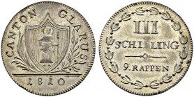 SCHWEIZ. GLARUS. 3 Schillinge 1810, Glarus. 2.01 g. Von Arx 24. D.T. 98b. HMZ 2-373d. Fast vorzüglich / About extremely fine.