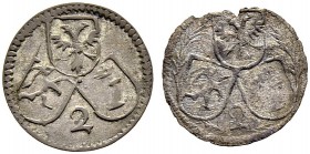 SCHWEIZ. GRAUBÜNDEN. Die Münzen des Bistums Chur. Joseph Benedikt von Rost, 1728-1754. Lot. 2 Pfennig o. J., Chur. 2 Varianten mit 3 freistehenden Wap...