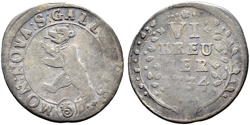 SCHWEIZ. ST. GALLEN. Die Münzen von Stadt und Kanton St. Gallen. 6 Kreuzer 1734,...