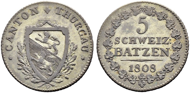 SCHWEIZ. THURGAU. 5 Batzen 1808, Solothurn. Seltene Varianten ohne Punkt nach de...