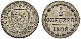 SCHWEIZ. THURGAU. Halbkreuzer 1808, Solothurn. 0.54 g. D.T. 212. HMZ 2-937a (dieses Expl. Abgebildet). Selten / Rare. Gutes vorzüglich / Good extremel...