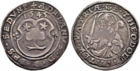 SCHWEIZ. WALLIS / VALAIS. Adrian I. von Riedmatten, 1529-1548. Halbdicken 1545, Sitten. Familienwappen in geschweiftem Schild, darüber die Jahreszahl,...