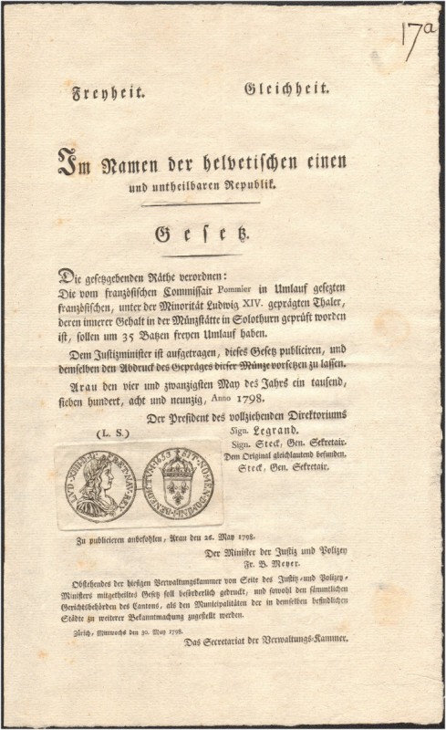 SCHWEIZ. HELVETISCHE REPUBLIK. Münzmandat 1798. Taxation von französischen Taler...